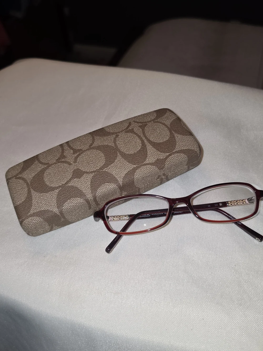 Brown Signature Pattern Glasses Case with Burgundy Reading Glasses